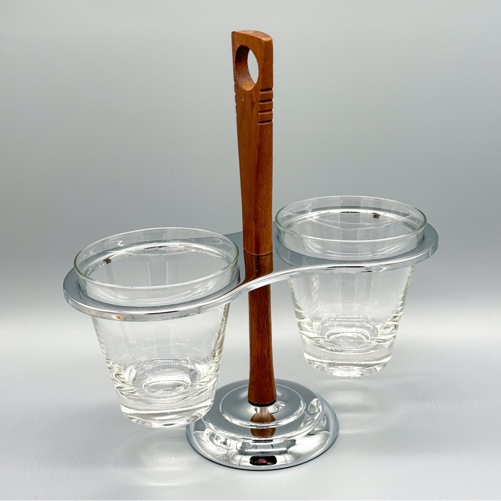 MCM Mid Century Modern Teak Chrome 2 Glass Bowl Condiment Caddy Server Vintage